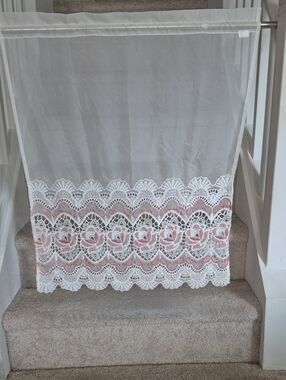 White Sheer Panel with Dark Rose Lace Floral Border 30x35